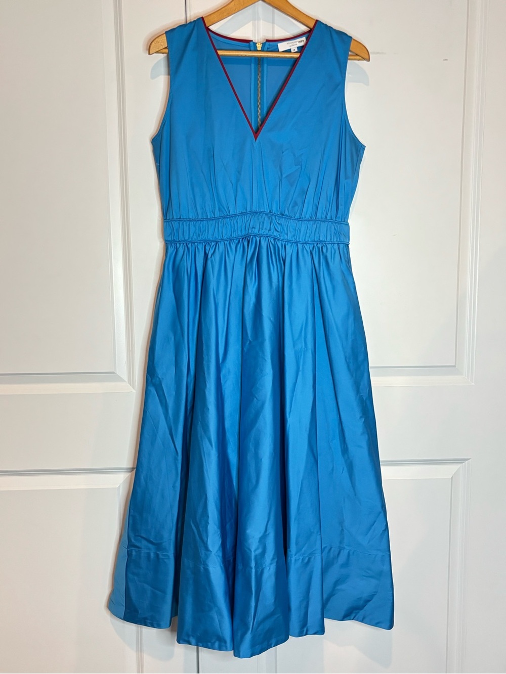 Roksanda Collective Vibrant Blue Red Trim V-neck Sleeveless Flare Midi Dress 8 - Picture 2 of 13